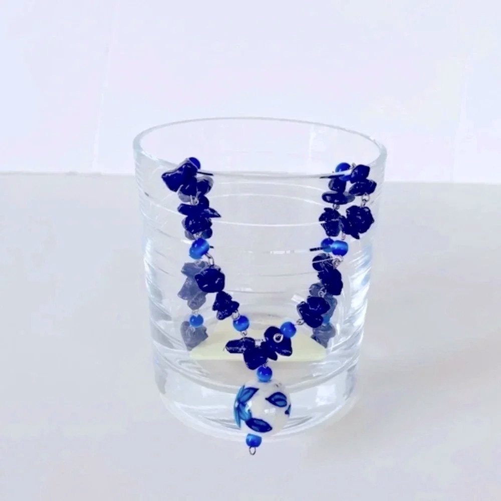 ZAD Blue Stone Porcelain Floral Bead Pendant Necklace NWT